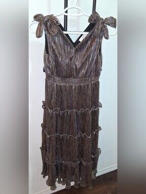 Girls Metallic Pleated Tiered V-Neck Dress in Bronze